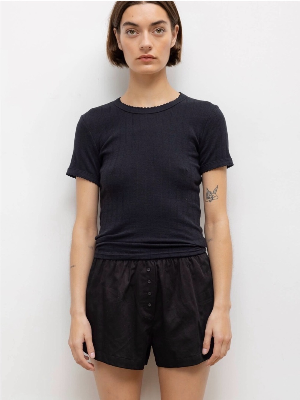 Leset Cotton Pointelle Black Short Sleeve Tee Shirt Size Medium